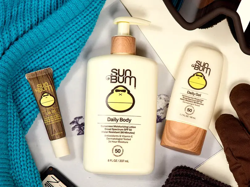 Arrangement of sunscreen lotions by Sun Bum sold as a bundle