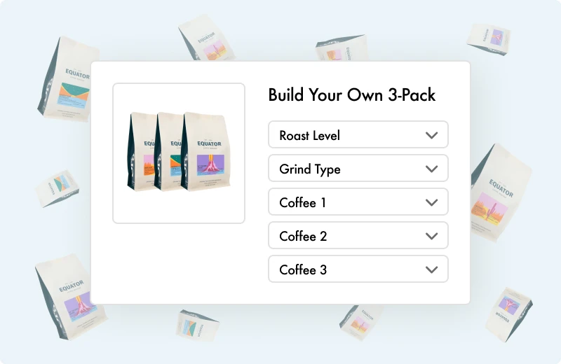 Product bundle options displayed as dropdowns on an online storefront for a mix and match bundle